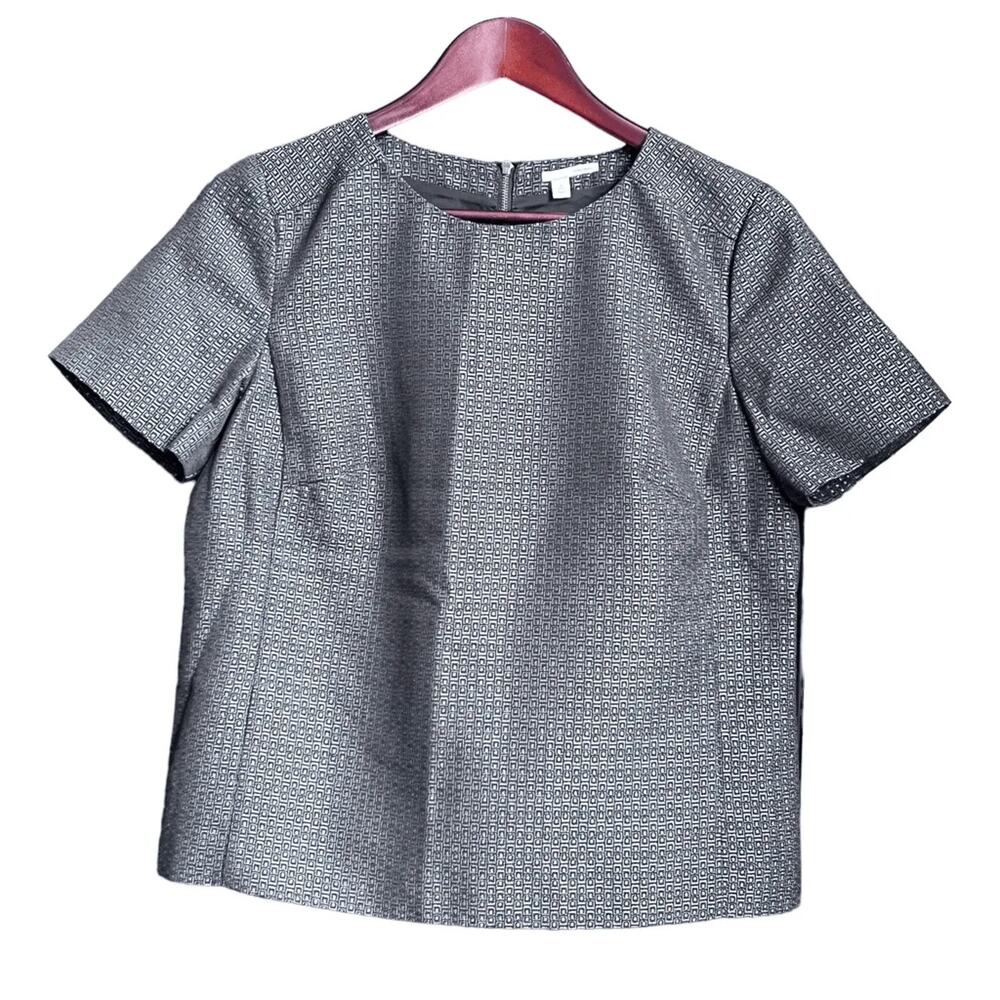 Halogen Blouse Womens M Petite Silver Geometric Jacquard Short Sleeve Back Zip